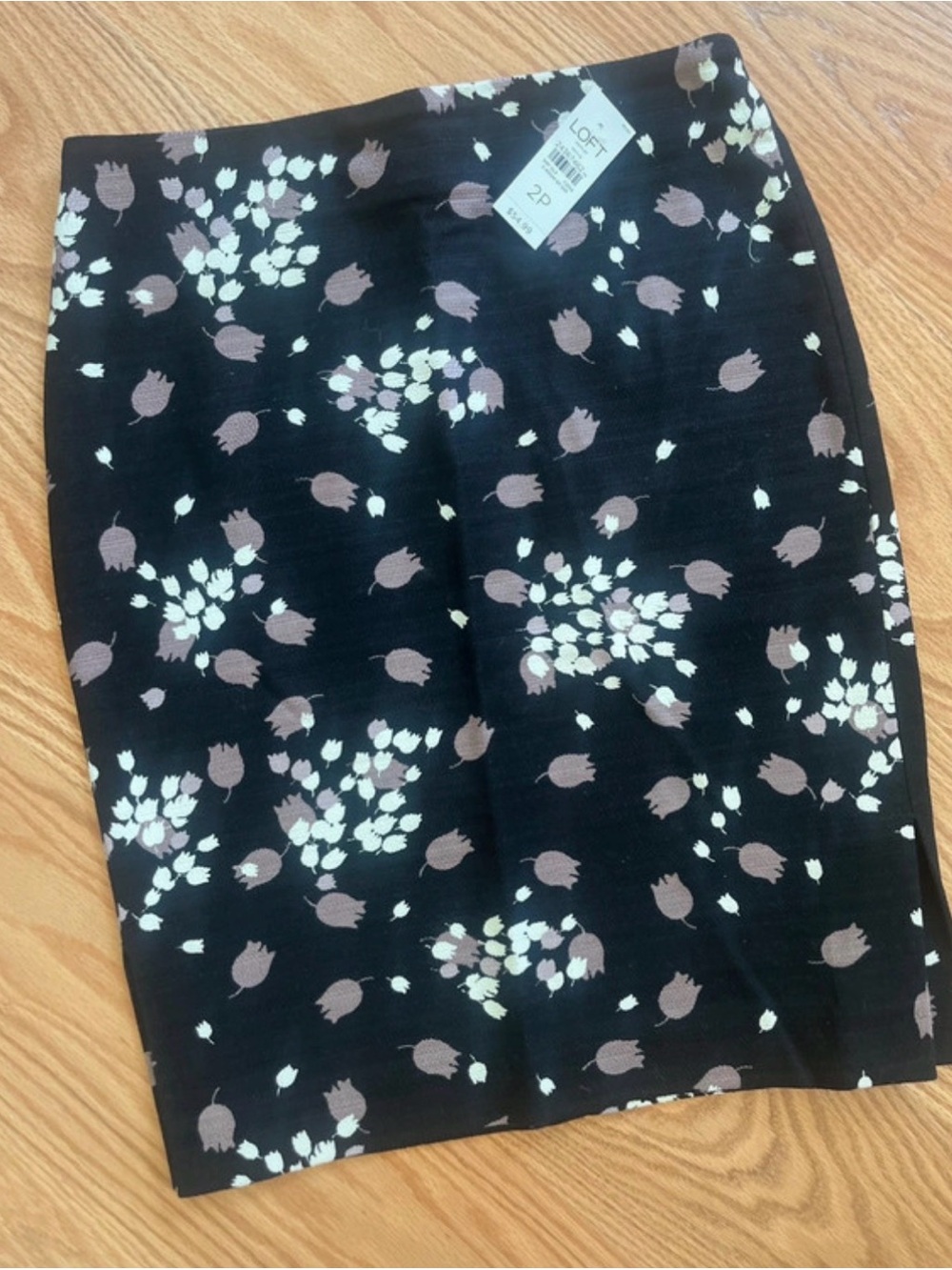 LOFT Black Floral Pencil Skirt with Pink and Cream Tulip Print